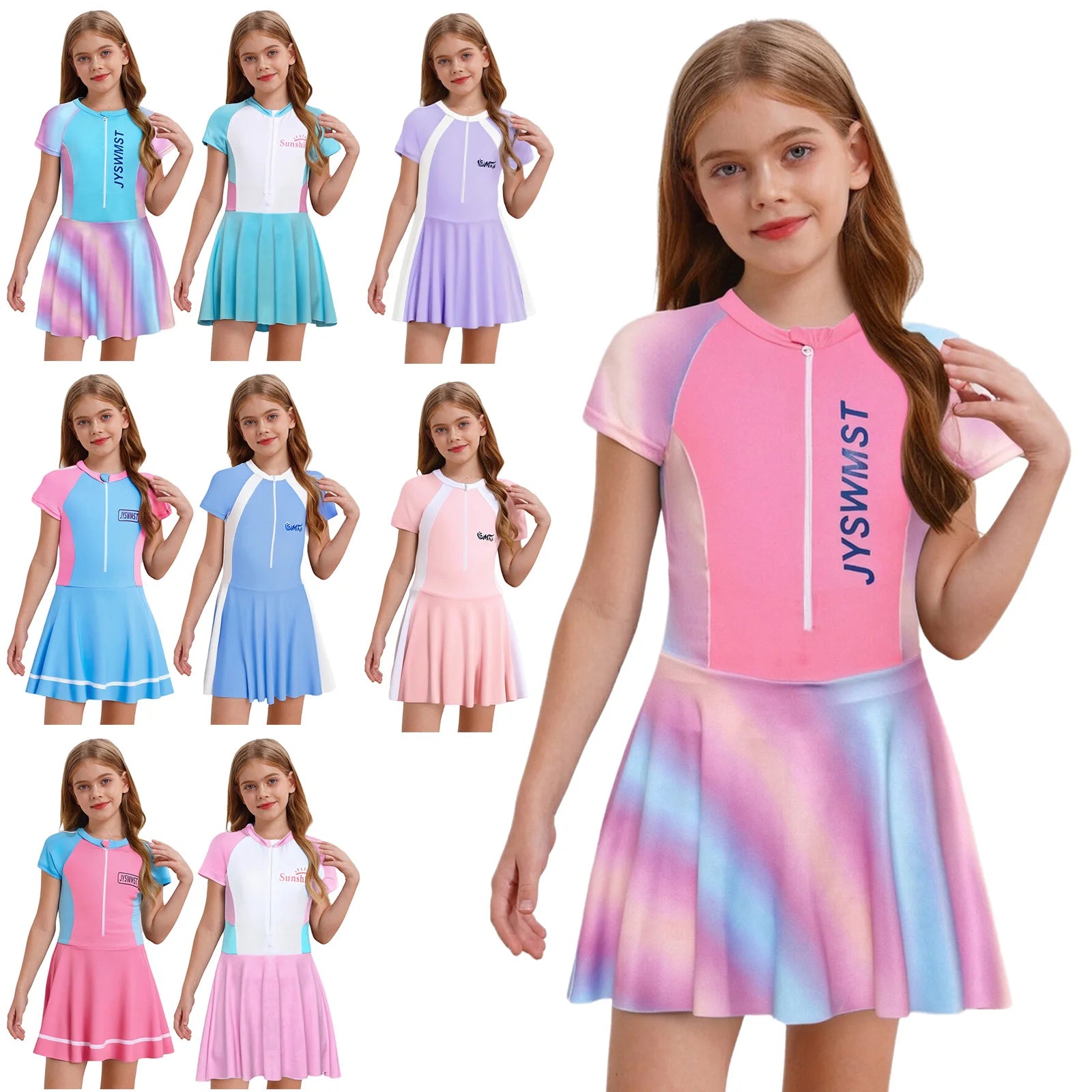 Fashion Girls One Piece Swim Dress Short Sleeve Color Block Swimsuit with Chest Pads Front Zipper And Safety Shorts Beachwear