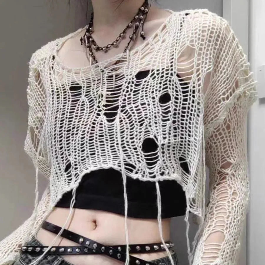 Y2k Cropped Hole Sweater Sexy Gyaru Hollow Out Knit Pullovers Goth Korean Long Sleeve Jumper Summer Fashion Sheer Knitwears Tops