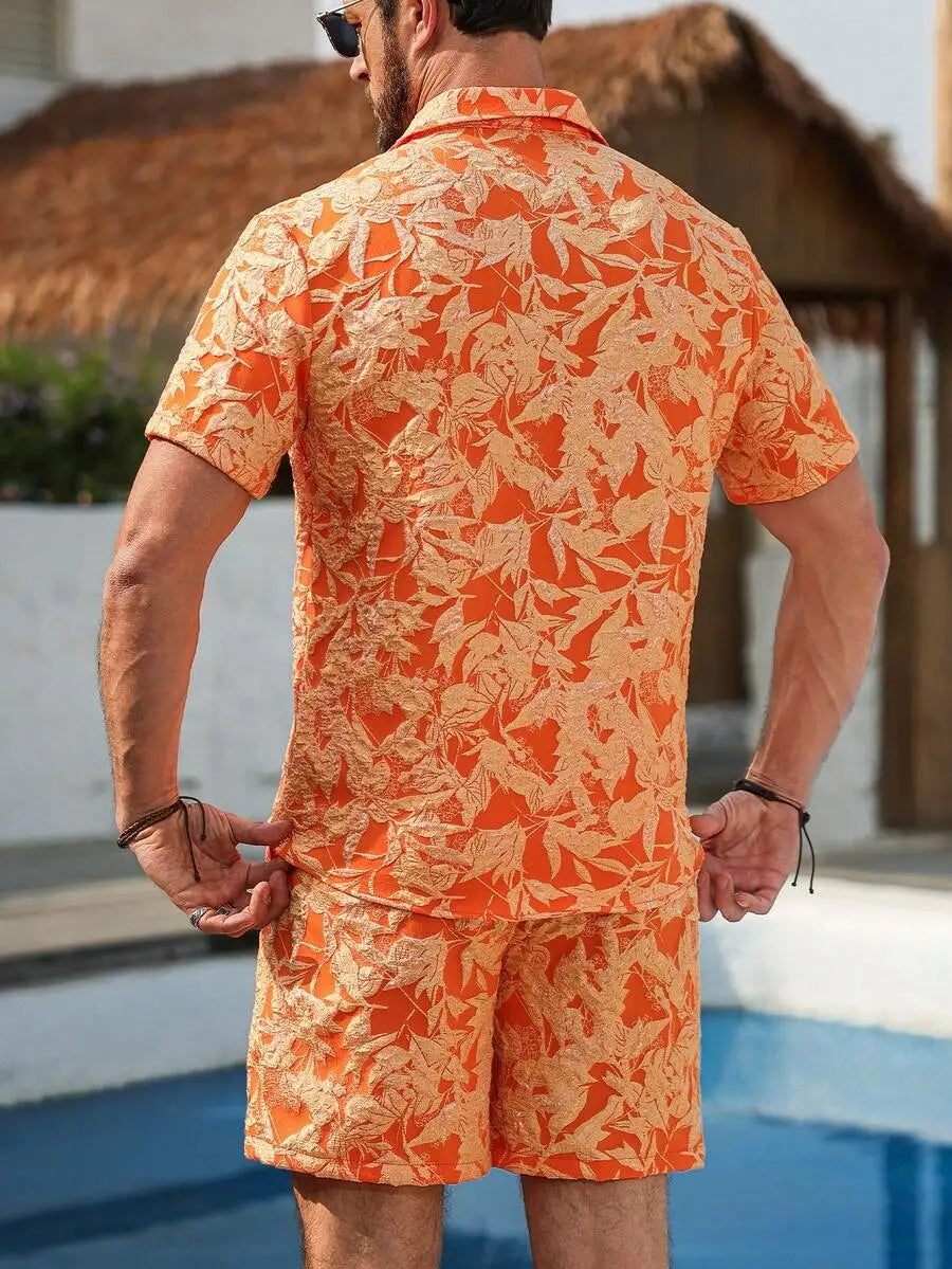 Genlund Men's Burnt Orange Summer 2 Piece Set,Boho Short Sleeve Print Shirt And Shorts,Tropical Vacation Holiday Outfit,Resort