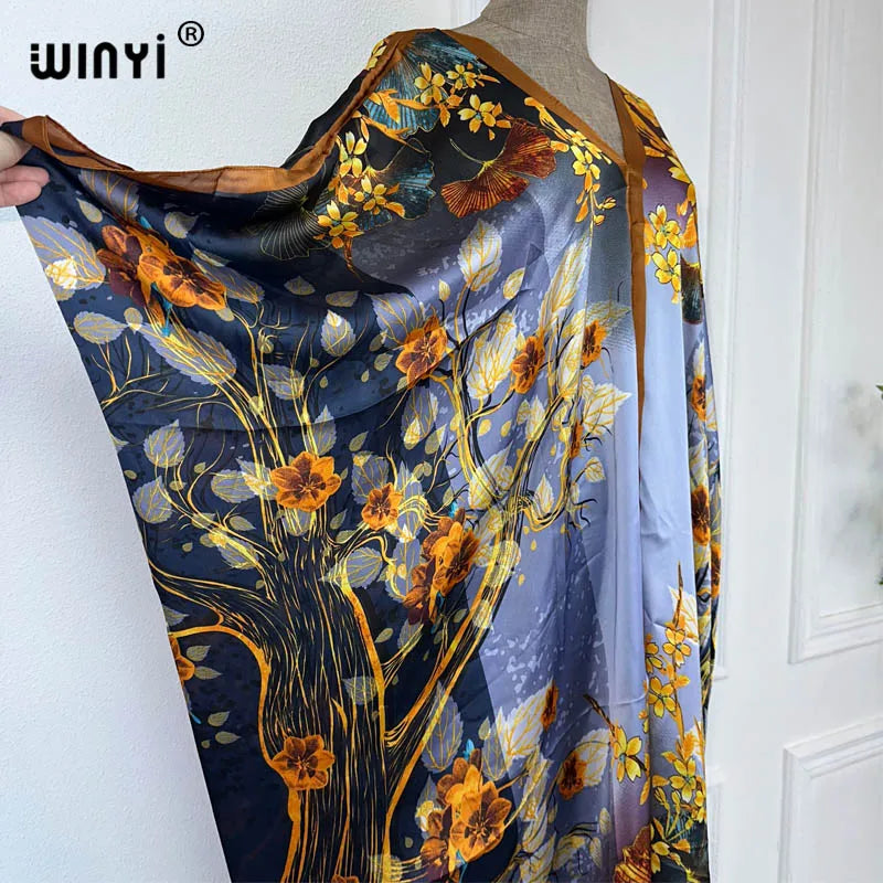 WINYI 2023 V-neck Africa Fashion Women Sexy Boho Casual silk Floral Vintage print Evening Party Beach cover up Long Maxi Dress