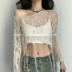 Y2k Cropped Hole Sweater Sexy Gyaru Hollow Out Knit Pullovers Goth Korean Long Sleeve Jumper Summer Fashion Sheer Knitwears Tops