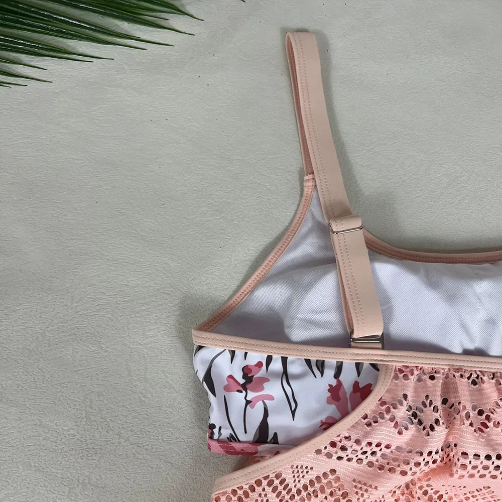 Crochet Mesh Swimsuit for Women New Summer Strappy Floral Patchwork Backless Swimwear High Waist Shorts Tankinis Beachwear S-3XL