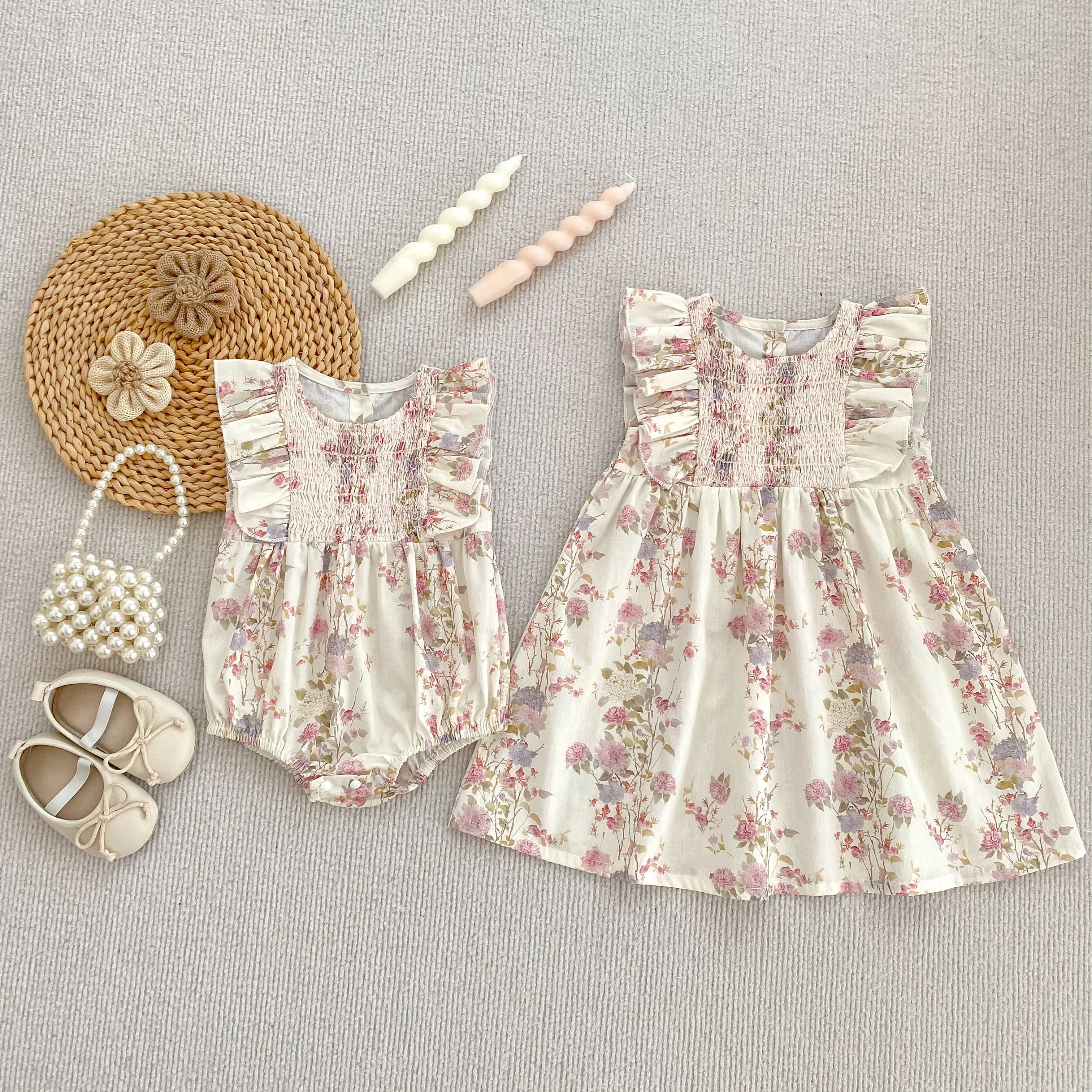 Girls Pink Floral Dress Ruffle Baby Romper Dress Summer Kids Short Sleeve Beach Dresses Toddler Bodysuit Sister Family Clothes