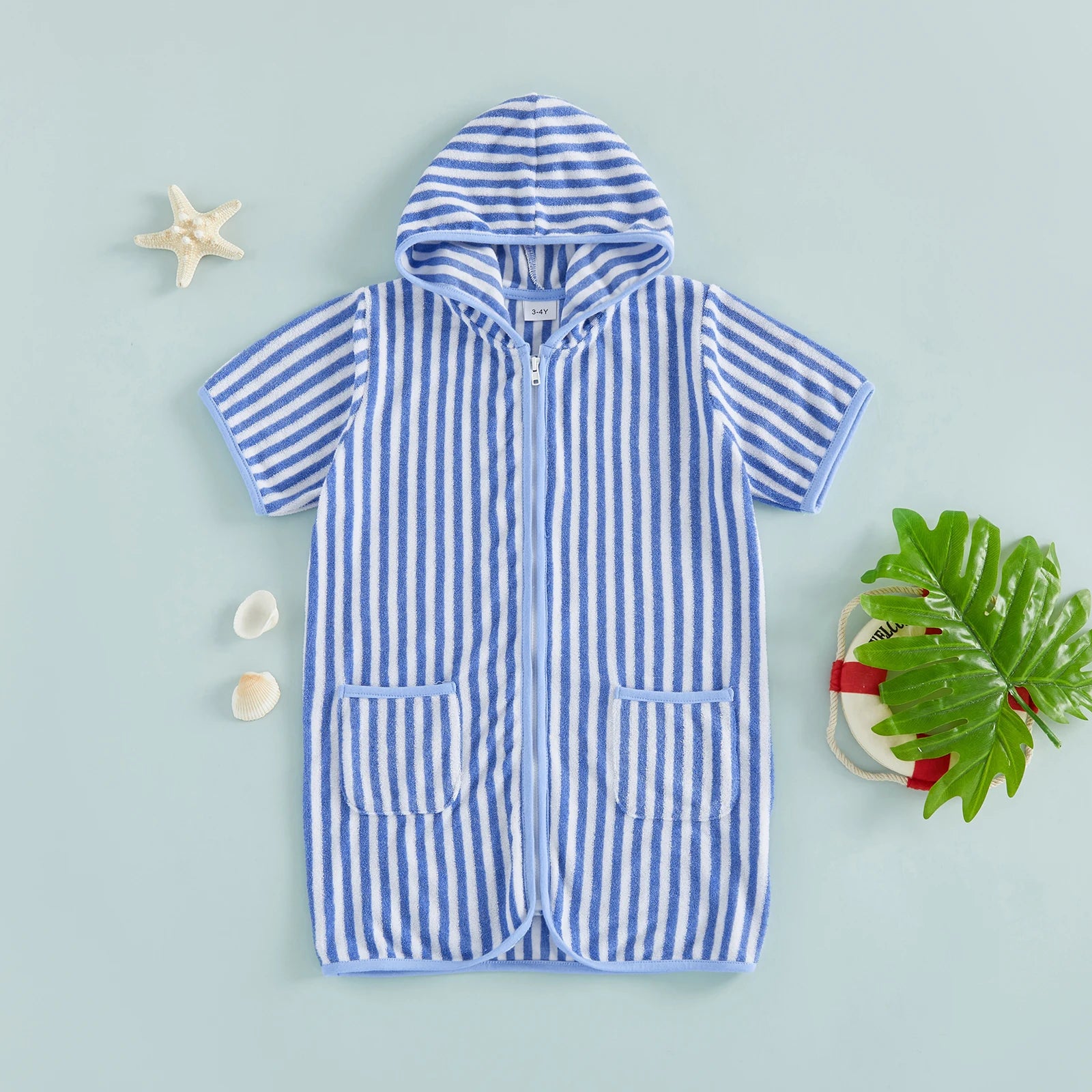 Summer Baby Swim Cover Up Bathing Suit Kids Hooded Towel Infant Boys Girls Short Sleeve Stripes Print Bathing Suit Coverup