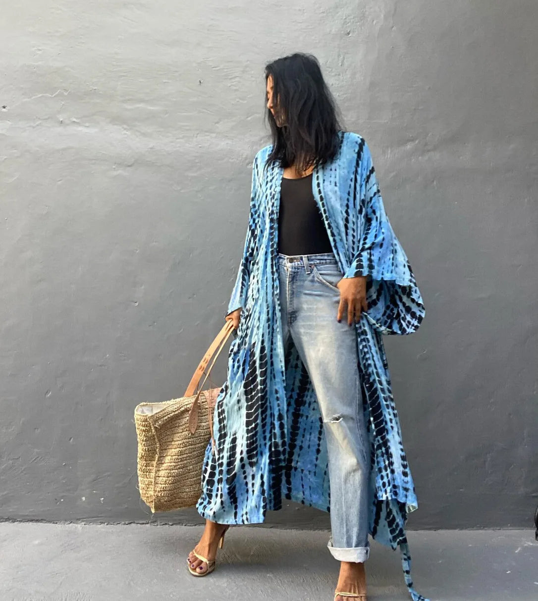 Women's Boho Stripe Tie Dye Swimsuit Cover Up with Belt Tunic Sarong Cardigan Dress Bikini Cover-ups Beach Wear Kimono