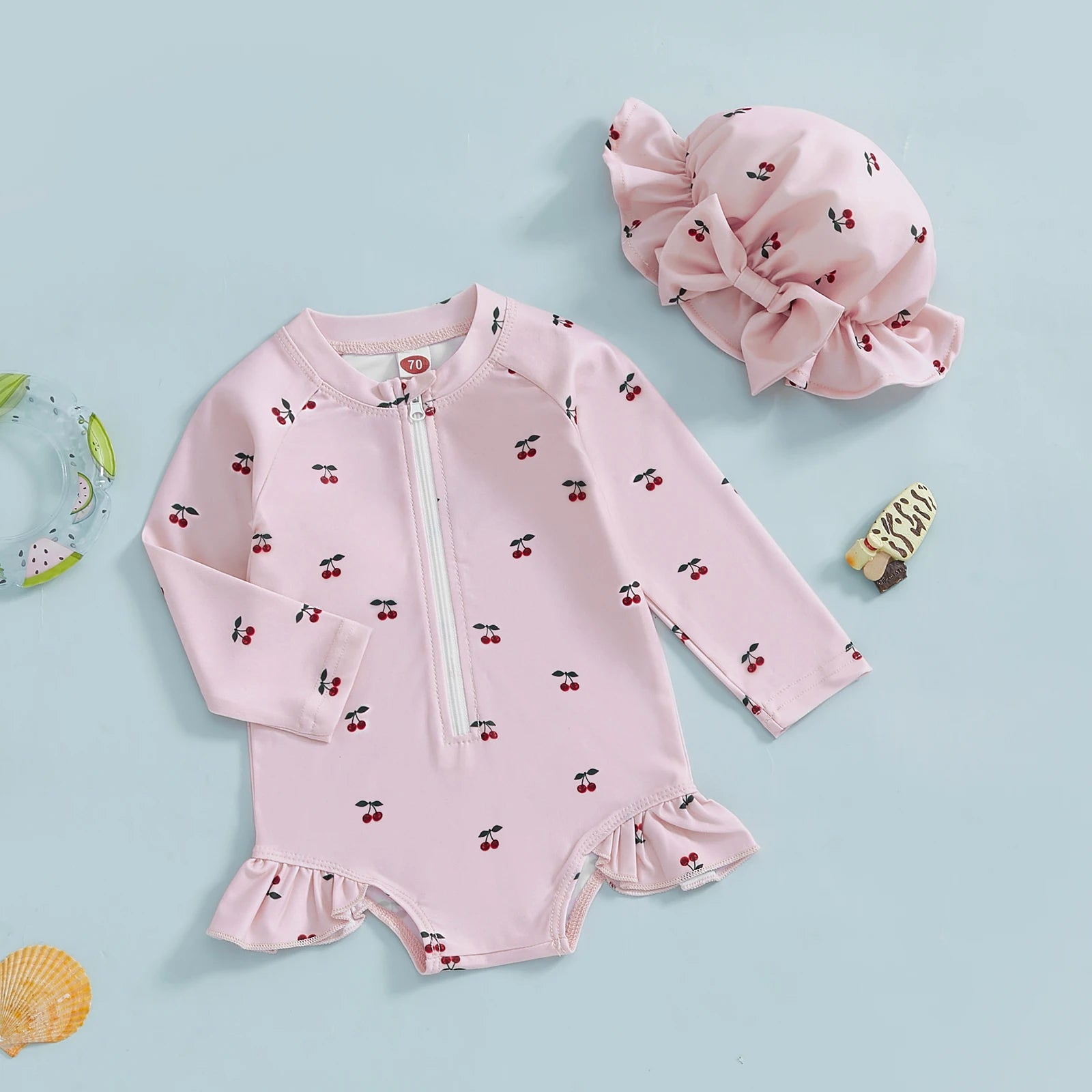Toddler Baby Girl Rash Guard Swimsuit with Sun Hat 2 Piece Beachwear Children Long Sleeve Bow/Cherry Print Bathing Suit Swimwear