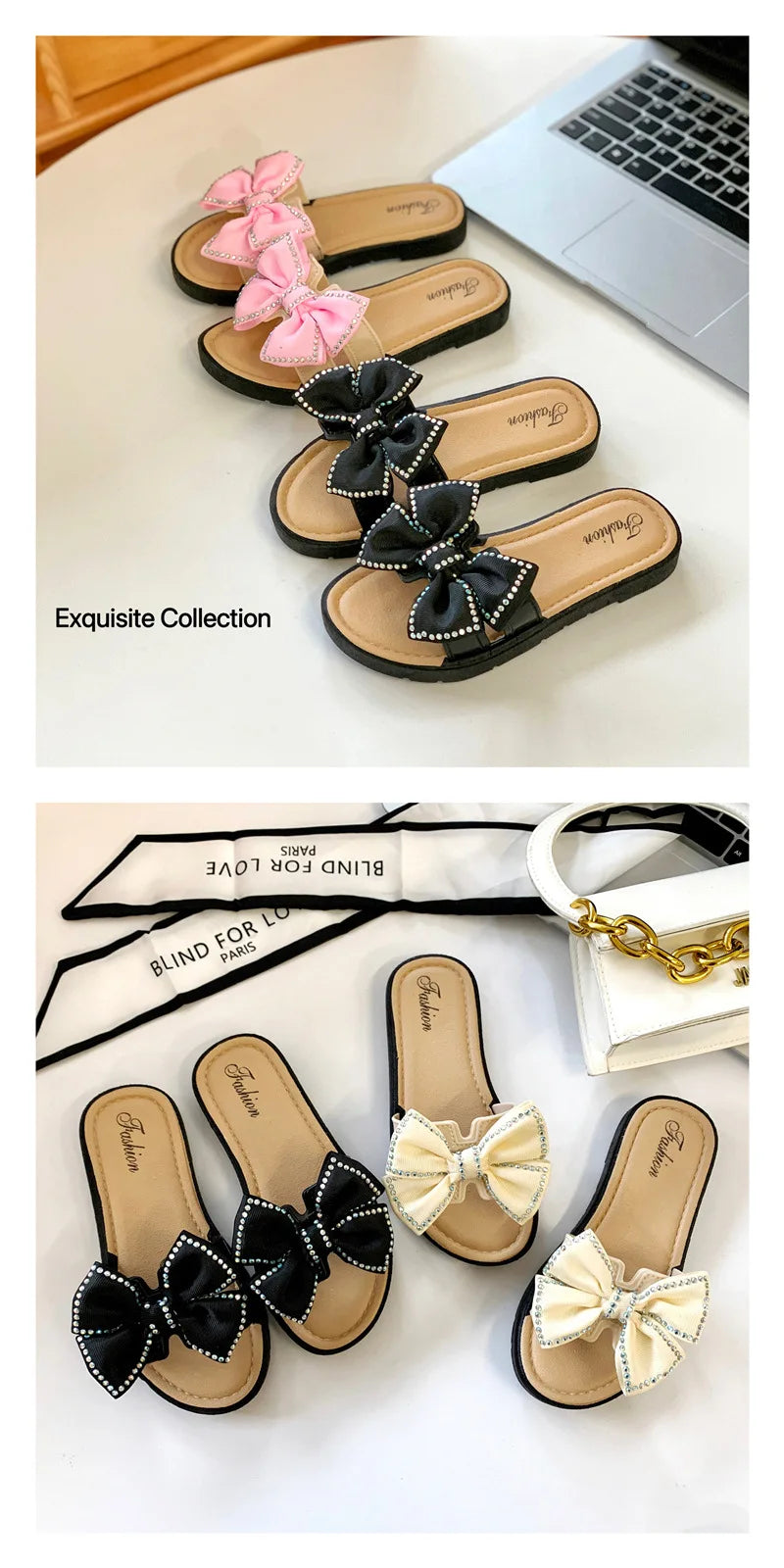 2026 New Bow Flats Open Toe Slide Sandals Non-slip Flip Flops Children Home Slippers Kids Girls Summer Cute Beach Slippers Shoe