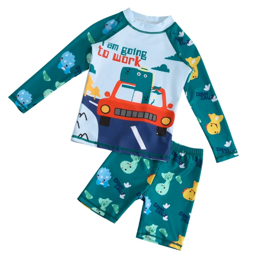 2Pcs Kids Long Sleeve Swimwear Set Boys Girls Cartoon Rash Guard Swimsuit Sun Protection Beachwear for Children Toddlers