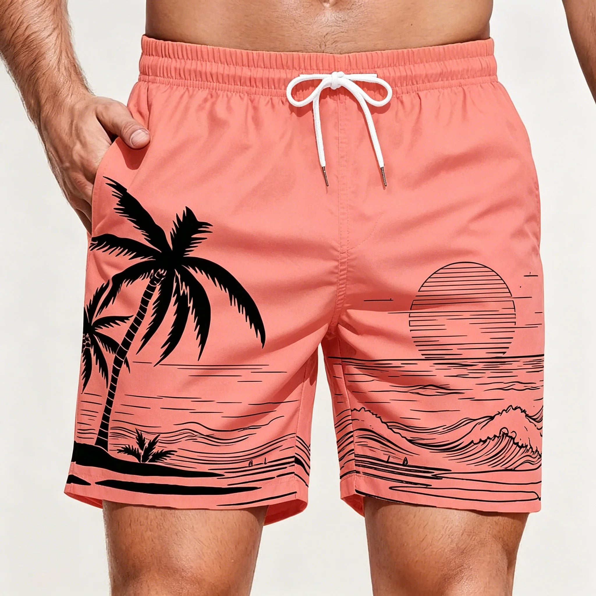 Men's Dark Green Tropical Leaf & Bird Print Drawstring Shorts, Casual Loose Swim Trunks For Spring Summer Wear