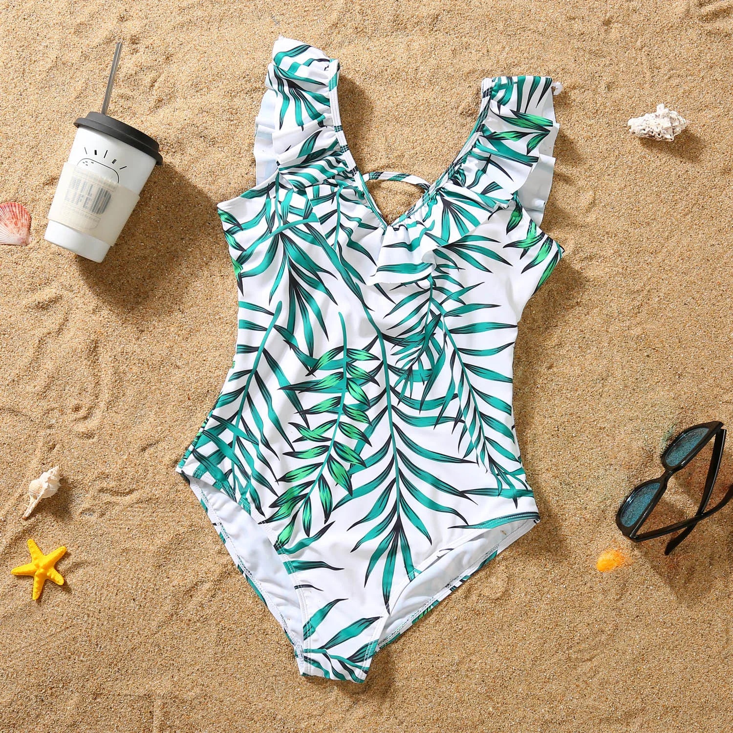 New Family Matching Outfits Leaf Printed Matching Swimsuit Family Look Floral Full Print Multi-color One-piece Matching Swimwear
