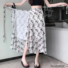 Wrap Up Chic Korea Clothes Women Cute Girls Floral Robe Holiday Beach Date High Waist Retro Vintage One-Piece Lace-Up Skirts