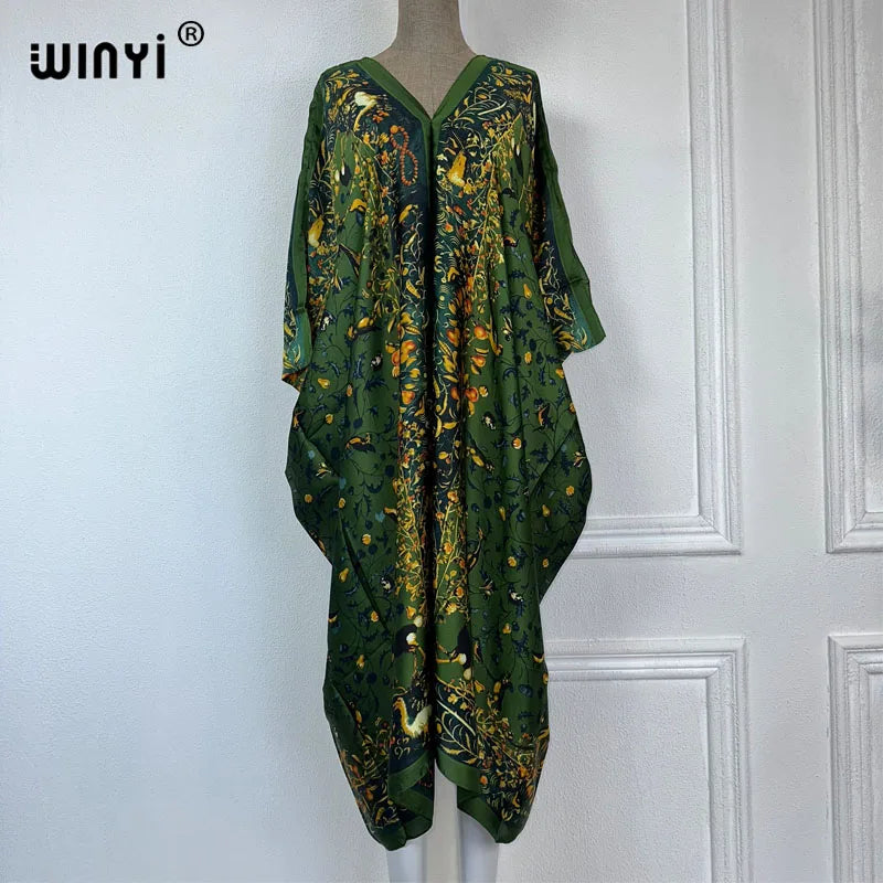 WINYI 2023 V-neck Africa Fashion Women Sexy Boho Casual silk Floral Vintage print Evening Party Beach cover up Long Maxi Dress