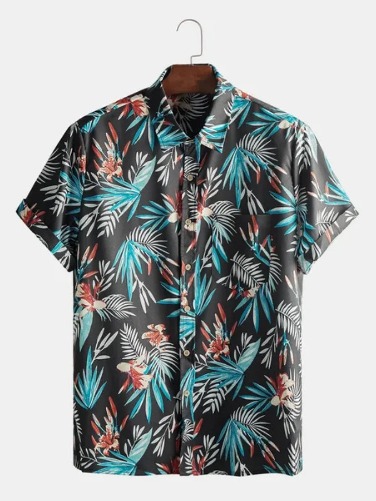 Hawaiian Men's Print Short  Sleeve Shirt Beach Coconut Tree Fashion Lapel Top 2025 New for Men Floral Clothes