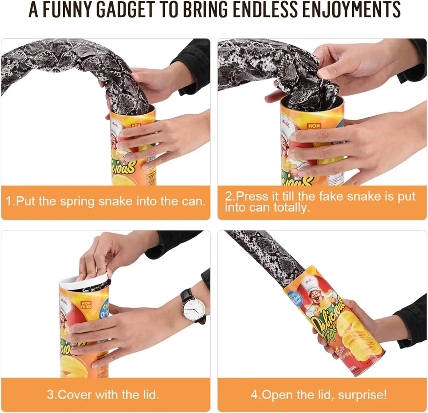 The Potato Chip Snake Can Jump Stage Magic Tricks Spring Snake Toy April Fool Day Halloween Party Jokes in A Can Gag Gift Prank