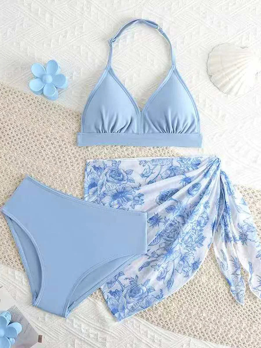 2026 Leopard Girls Swimsuit 3 Pieces Halter Triangle Bikinis Kids Swimwear Female Children's Bathing Swimming Swim Suit 8Y-12Y