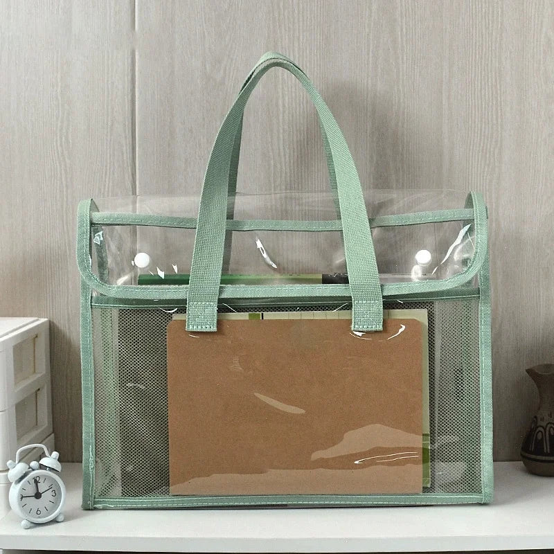 Clear Transparent PVC Tote Bag Large Capacity Waterproof Mesh Pocket Reinforced Handle for School Commute Beach