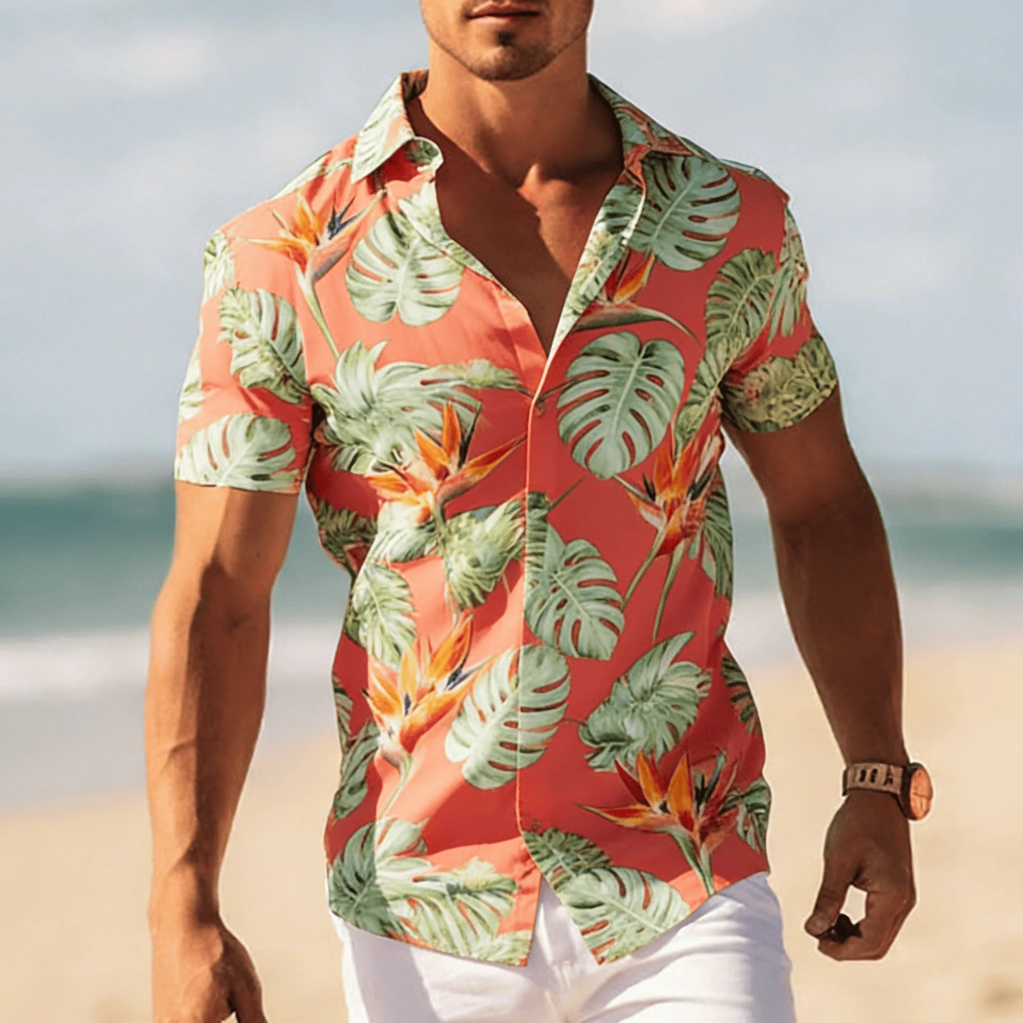 Men's Tropical Floral Print Short Sleeve Shirt, Spring Summer Cool Vacation Casual Top, Pocket Lapel Style