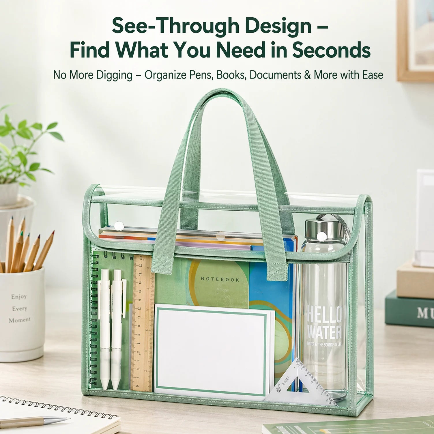 Clear Transparent PVC Tote Bag Large Capacity Waterproof Mesh Pocket Reinforced Handle for School Commute Beach