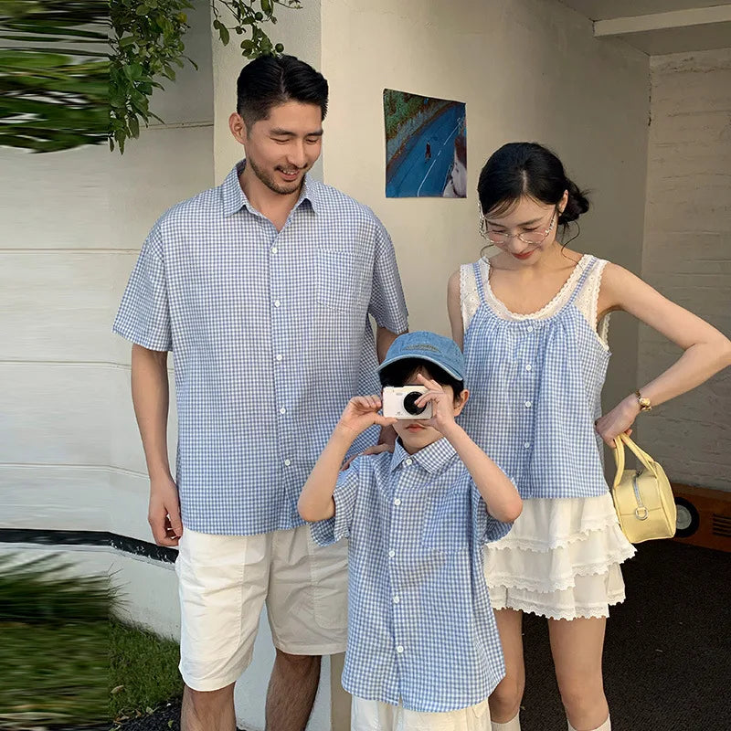 Beachwear Family Look Outfits Blue Plaid Shirt Lace Decor Camis White Shorts Skirt Parent-child Matching Clothes Soft Streetwear