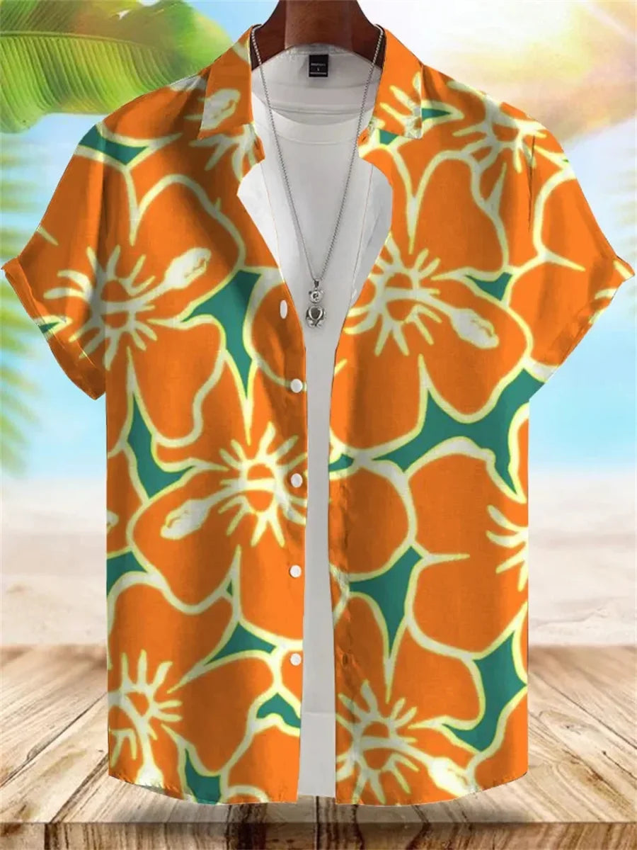 2026 Summer New Men's Tropical Floral Print Short-Sleeve Shirt, Casual Loose Fit, Vacation Style, Beachwear, Hawaiian Shirt