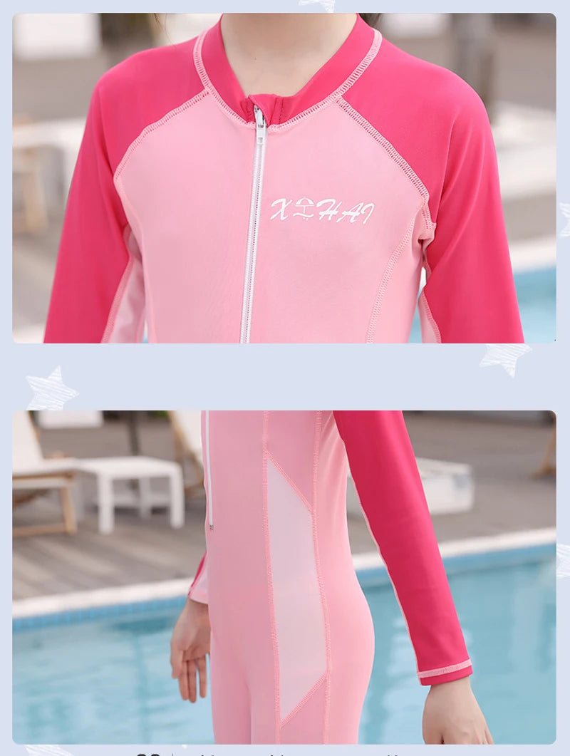 One Piece Girls Swimwear Full Cover Long Sleeve Swimsuit Kids Sun Protection Swimming Suit Teenage Korean Style Bathing Suit