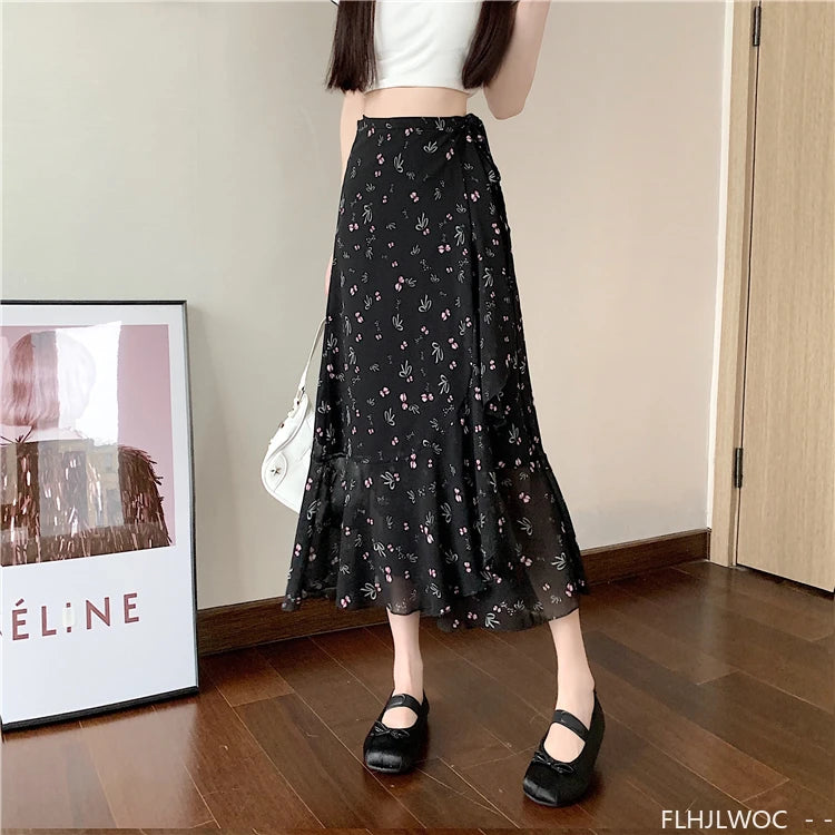 Wrap Up Chic Korea Clothes Women Cute Girls Floral Robe Holiday Beach Date High Waist Retro Vintage One-Piece Lace-Up Skirts