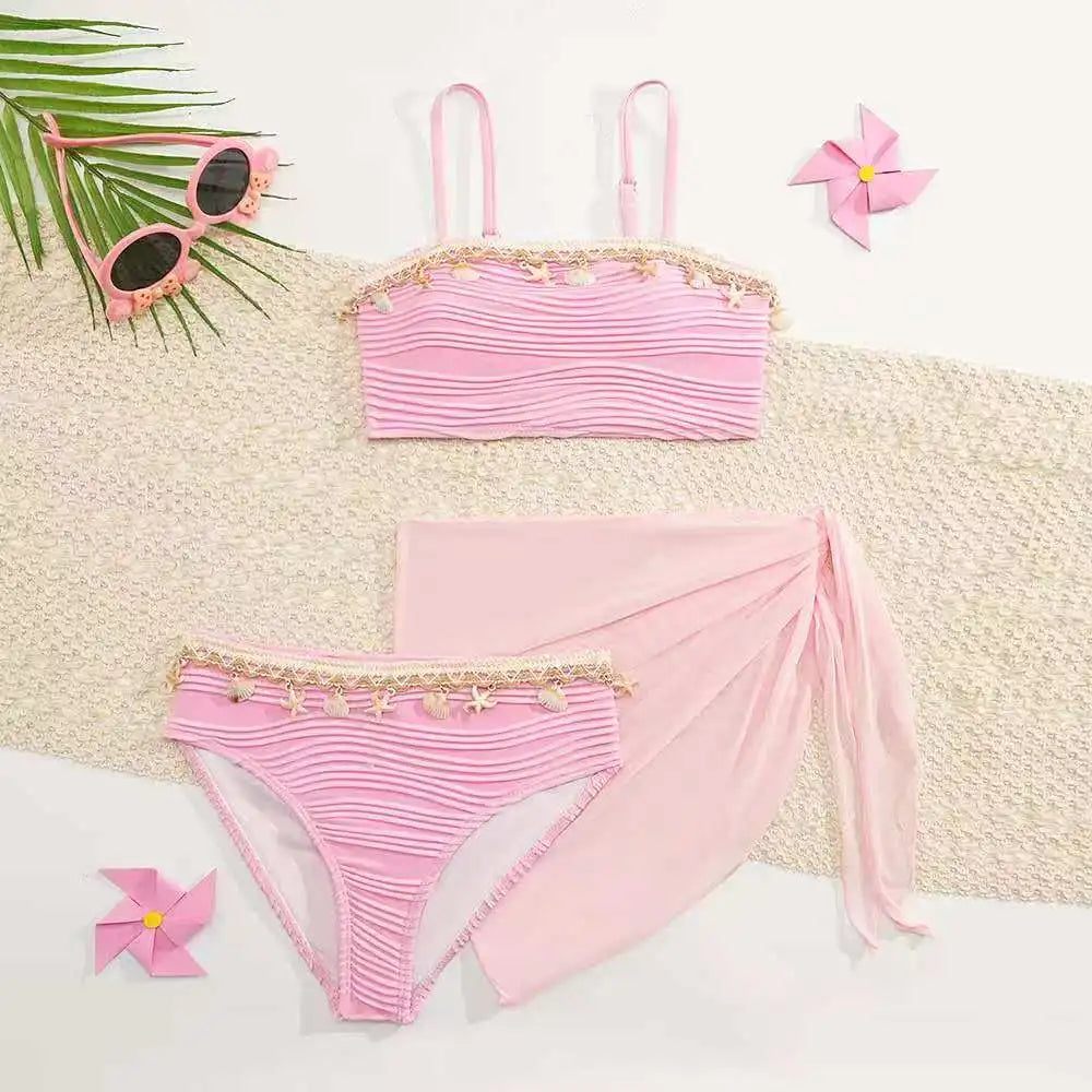 2026 Strappy Girls Swimsuit 3 Pieces Bikini & Skirt Bandeau Kids Swimwear Female Children's Bathers Bathing Swimming Swim Suit