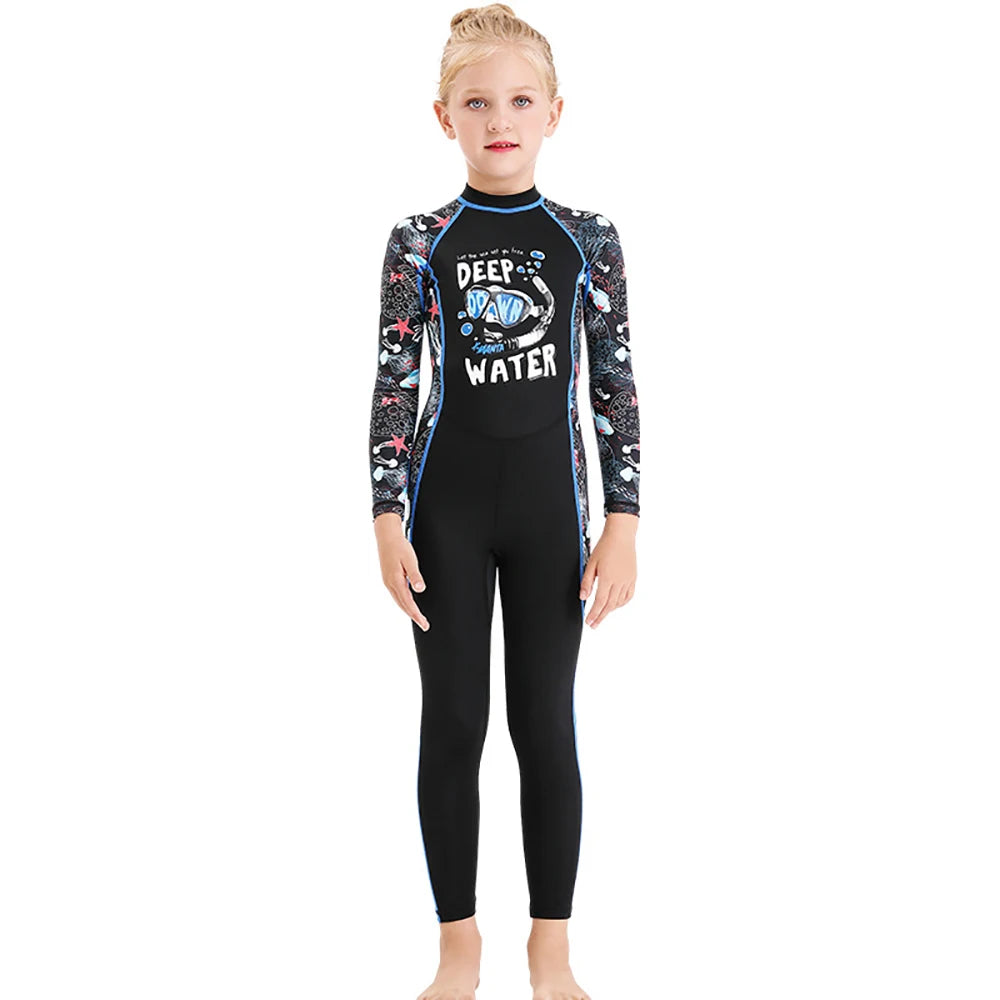 Girl Boy Swimwear Zipper One Piece Suit Kids Sunscreen Quick Drying Long Swimsuit Beachwear Bathing Suit(Including Swimming Cap)