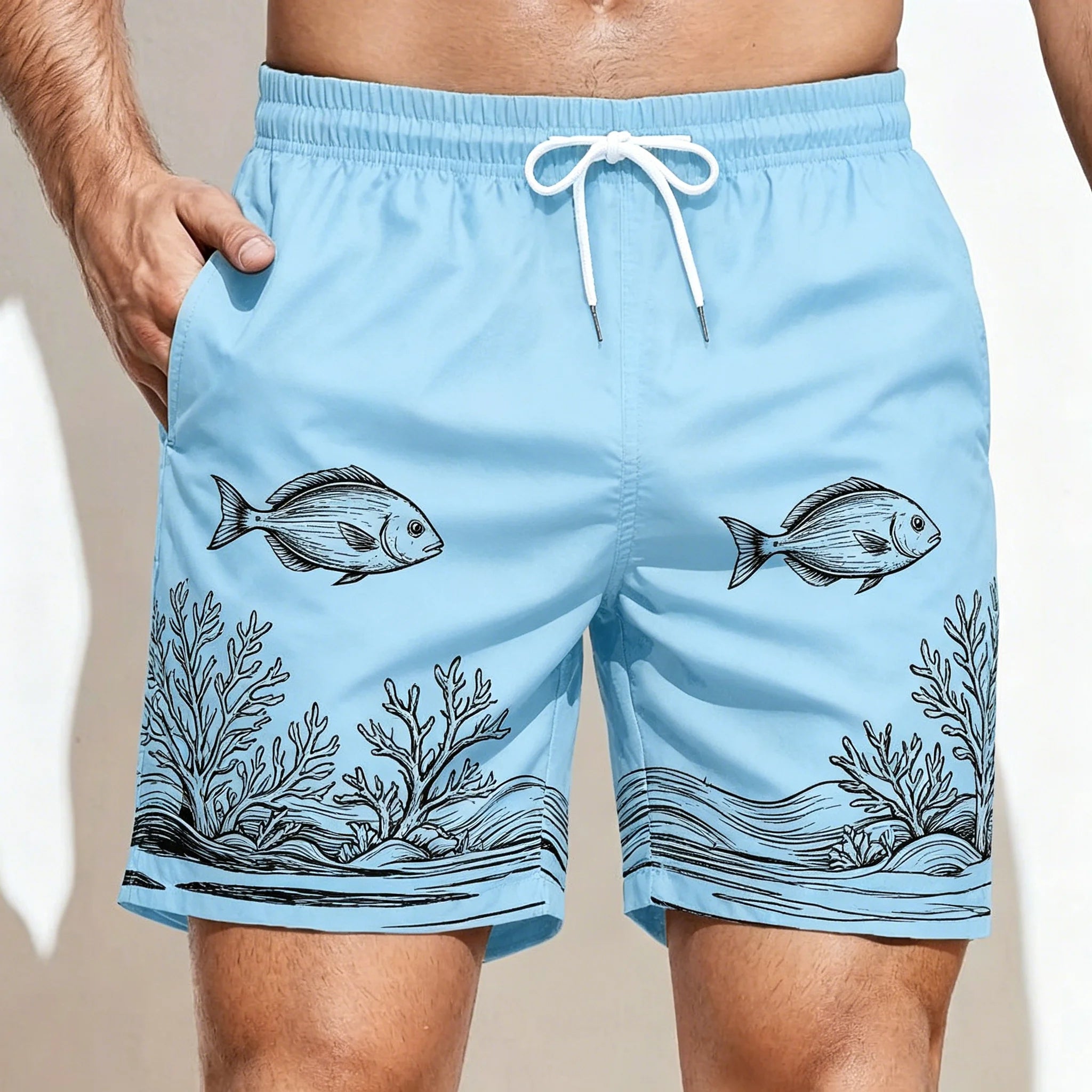 Men's Dark Green Tropical Leaf & Bird Print Drawstring Shorts, Casual Loose Swim Trunks For Spring Summer Wear