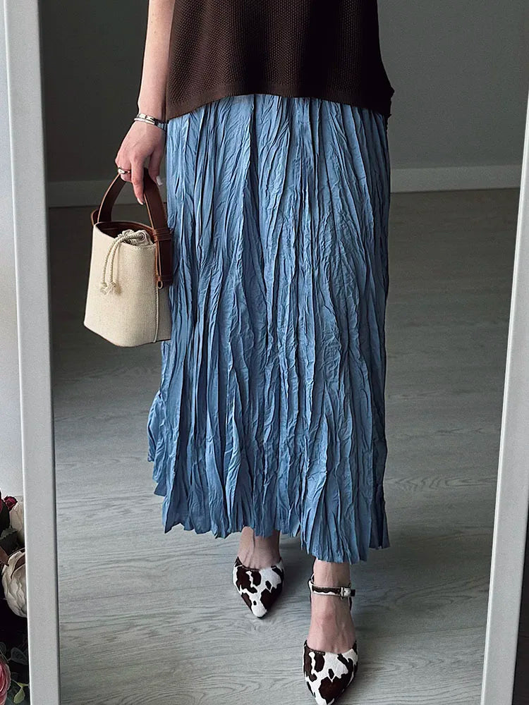 Streamgirl Women Summer Skirts Long Pleated A Line Elegant Solid Big Swing Maxi Skirt Ladies Blue White Beach Skirt Women Luxury