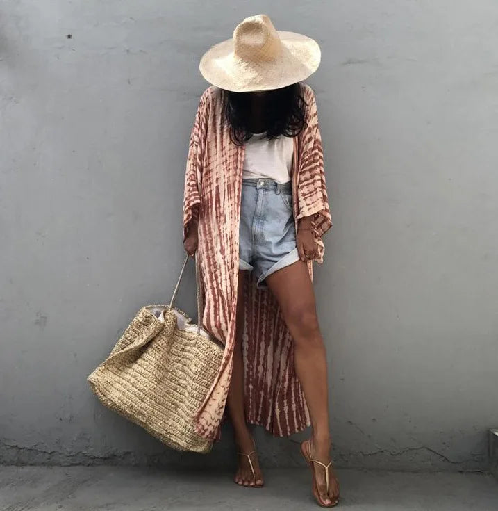Women's Boho Stripe Tie Dye Swimsuit Cover Up with Belt Tunic Sarong Cardigan Dress Bikini Cover-ups Beach Wear Kimono