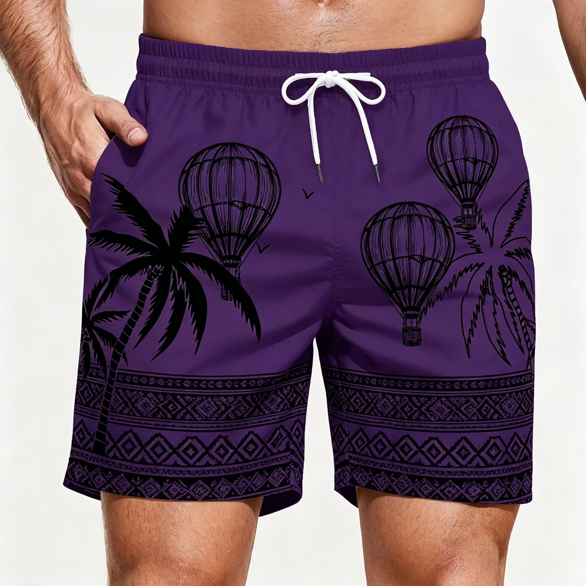 Men's Dark Green Tropical Leaf & Bird Print Drawstring Shorts, Casual Loose Swim Trunks For Spring Summer Wear