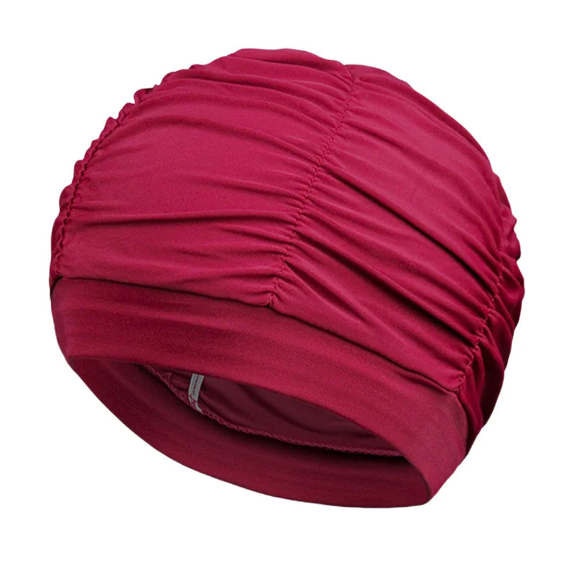 New Solid Color Long Hair Women Men Swim Pool Seaside Water Sports Elastic Pleated Nylon Fabric Bathing Swimming Caps Hat Turban