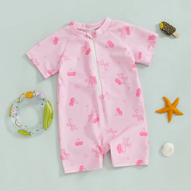 0-3Years Baby Boy Girl Rash Guard Swimsuits Fashion Print Short Sleeve Zip Up Rompers Bathing Suit Toddlers Swimwears Beachwear