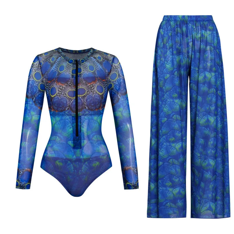 Women's Long Sleeve Swimwear Sunscreen One Piece Swimsuit High Elastic Thickened Mesh Loose Pants SPF35+ New Fitness Beachwear