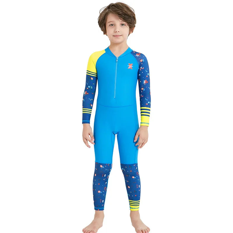 Girl Boy Swimwear Zipper One Piece Suit Kids Sunscreen Quick Drying Long Swimsuit Beachwear Bathing Suit(Including Swimming Cap)