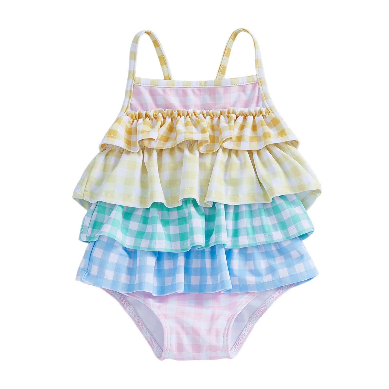 Little Girls Summer Cami Romper Swimsuit Sleeveless Tiered Striped/Plaid Swimwear