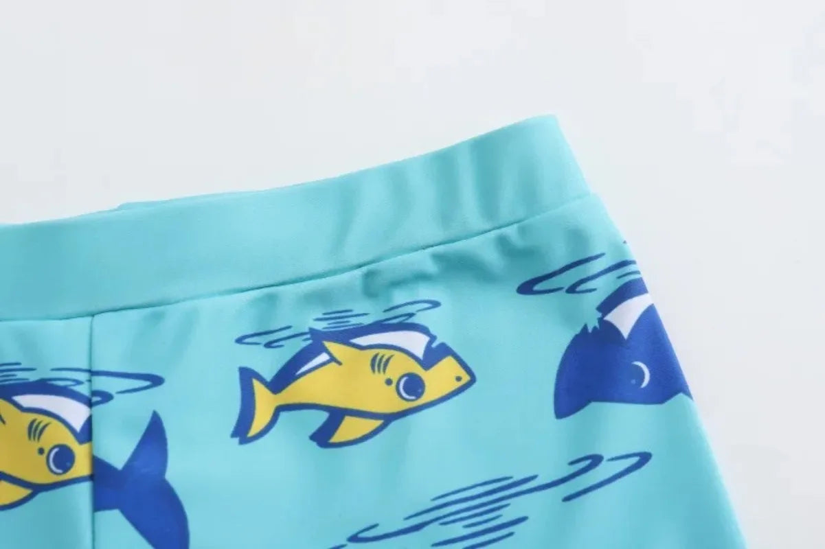 2-piece Set of Summer Children's Swim Trunks Swim Caps Boys' Swimwear Quick Drying Shorts Cartoon Print Beach Swimwear Ages 4-16