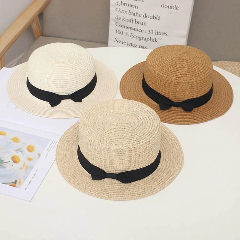 COKPanama Simple Summer Beach Sun Protection Bowknot French-style Small Hat Women's Casual Flat-Brimmed Straw Hat with Bow，Women