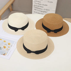COKPanama Simple Summer Beach Sun Protection Bowknot French-style Small Hat Women's Casual Flat-Brimmed Straw Hat with Bow，Women