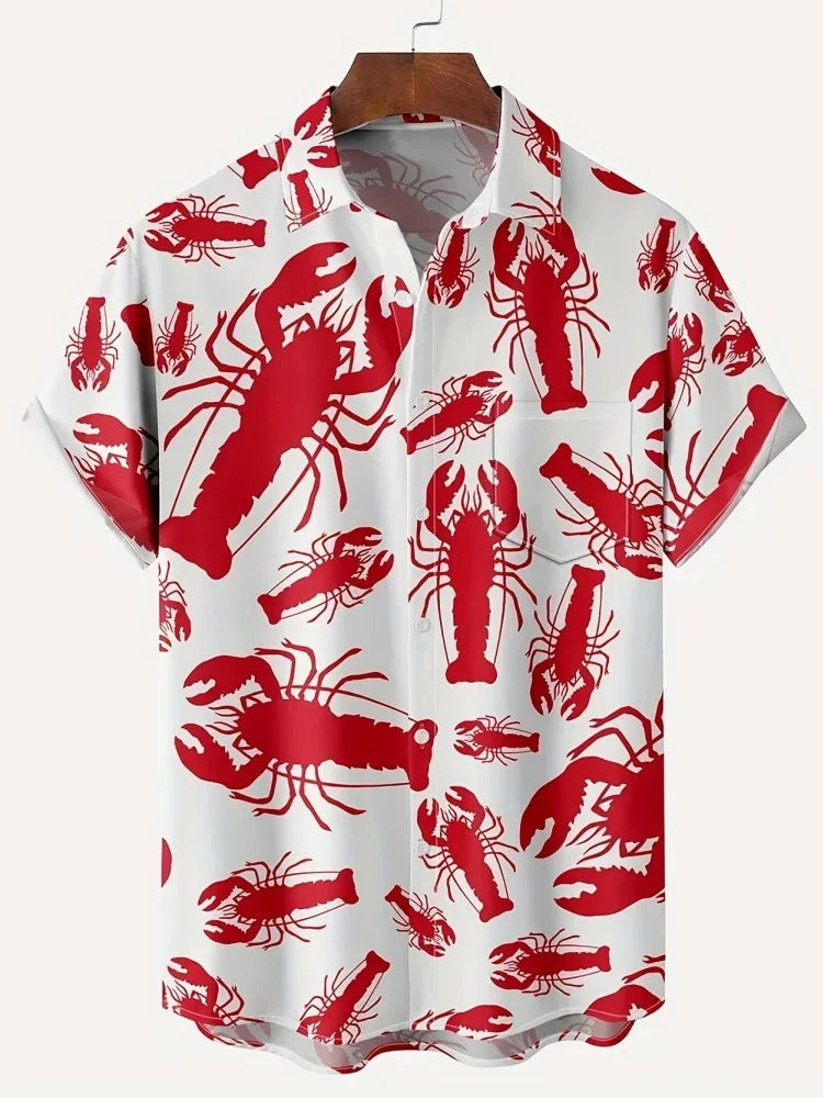 Cartoon Lobster Hawaiian Shirt Men Women Clothing Seafood Shirt Summer Holiday Shirt Short Sleeve Button Down Crawfish Shirts