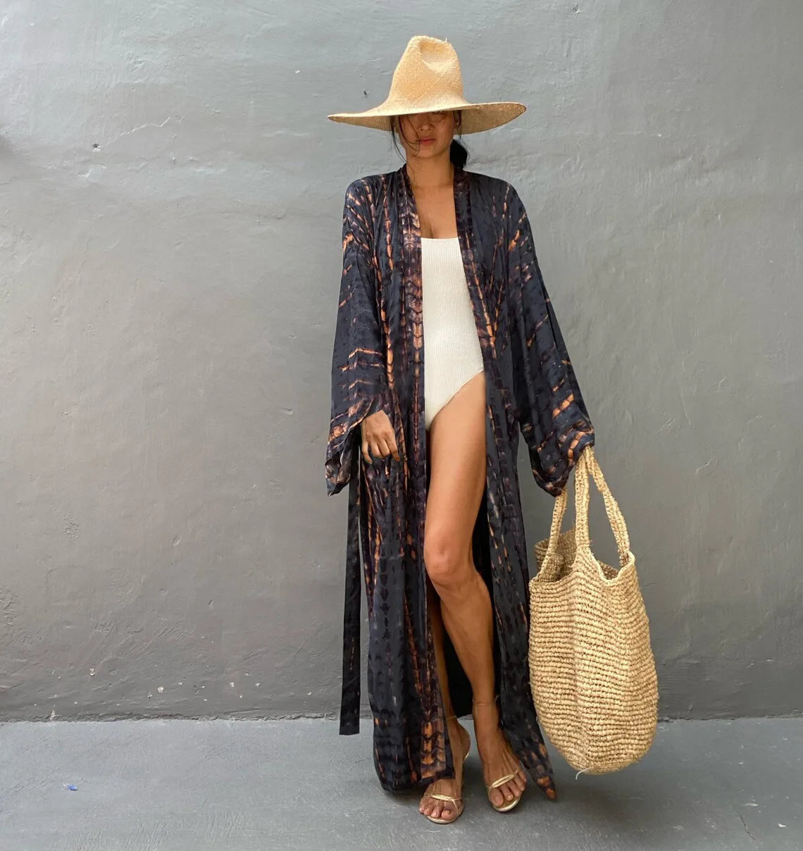 Women's Boho Stripe Tie Dye Swimsuit Cover Up with Belt Tunic Sarong Cardigan Dress Bikini Cover-ups Beach Wear Kimono