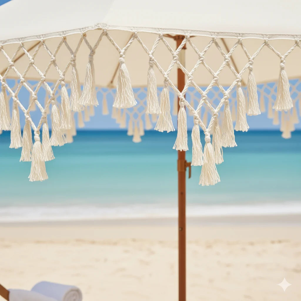 Triangle Fringe Decorated UPF50+ Outdoor Sunshade Umbrella Rotatable for Courtyard Beach Sun Protection No Base Included