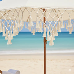 Triangle Fringe Decorated UPF50+ Outdoor Sunshade Umbrella Rotatable for Courtyard Beach Sun Protection No Base Included