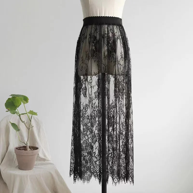 2 Length Elegant Black Skirt White Lace Transparent Long Tulle Skirt Ladies Elastic High Waist Beach Midi Skirt