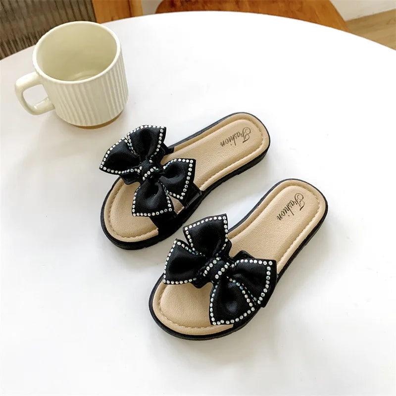 2026 New Bow Flats Open Toe Slide Sandals Non-slip Flip Flops Children Home Slippers Kids Girls Summer Cute Beach Slippers Shoe
