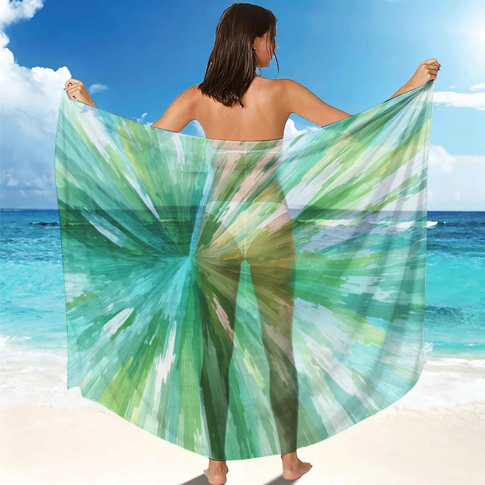 1 PC Beach Dress, Beach Towel, Beach Shawl. Vibrant abstract green burst pattern with radial streaks. Translucent material, i