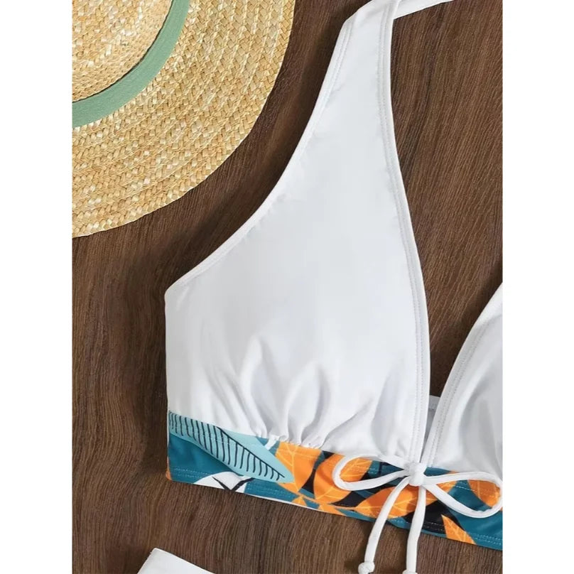 Europe and the United States swimsuit ladies print neck conservative flat Angle high waist split flat Angle bikini high waist