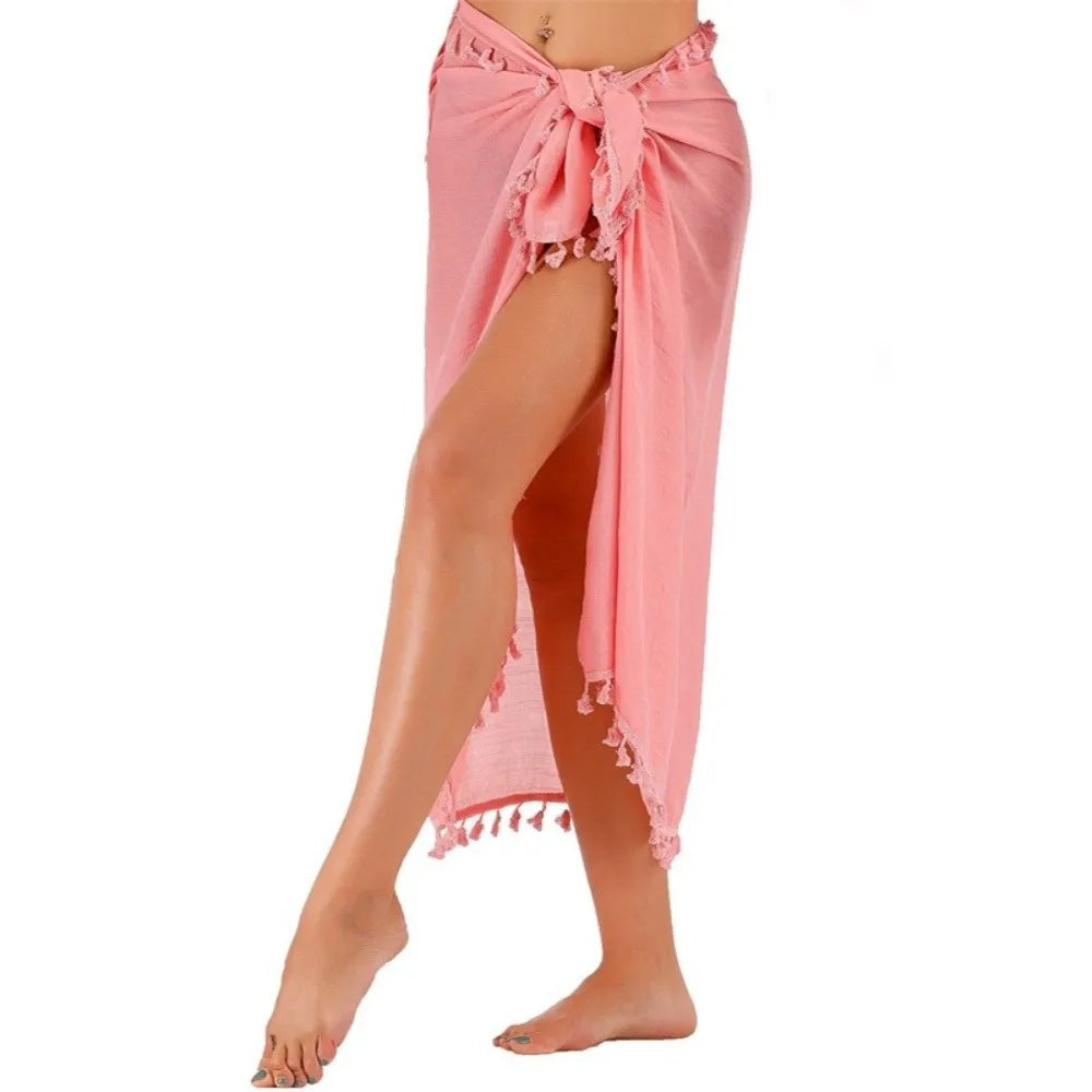Solid Color Beach Wrap Skirt Sheer Design Quick Drying Sarong Beach Towel Knot Side Tassel Trim Bikini Cover Up