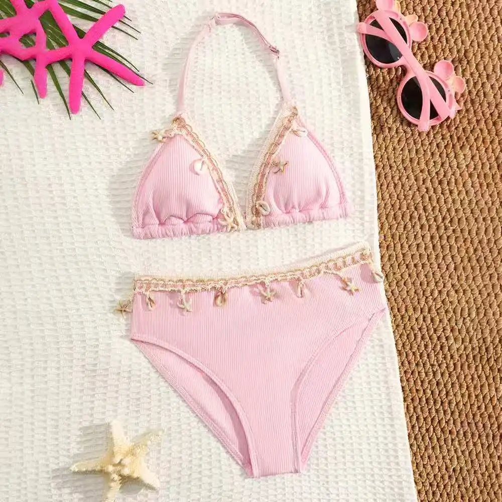 2026 Solid Girls Swimsuit Halter Triangle Bikinis Kids Swimwear Female Children's Bathers Bathing Swimming Swim Suit 8-12Y